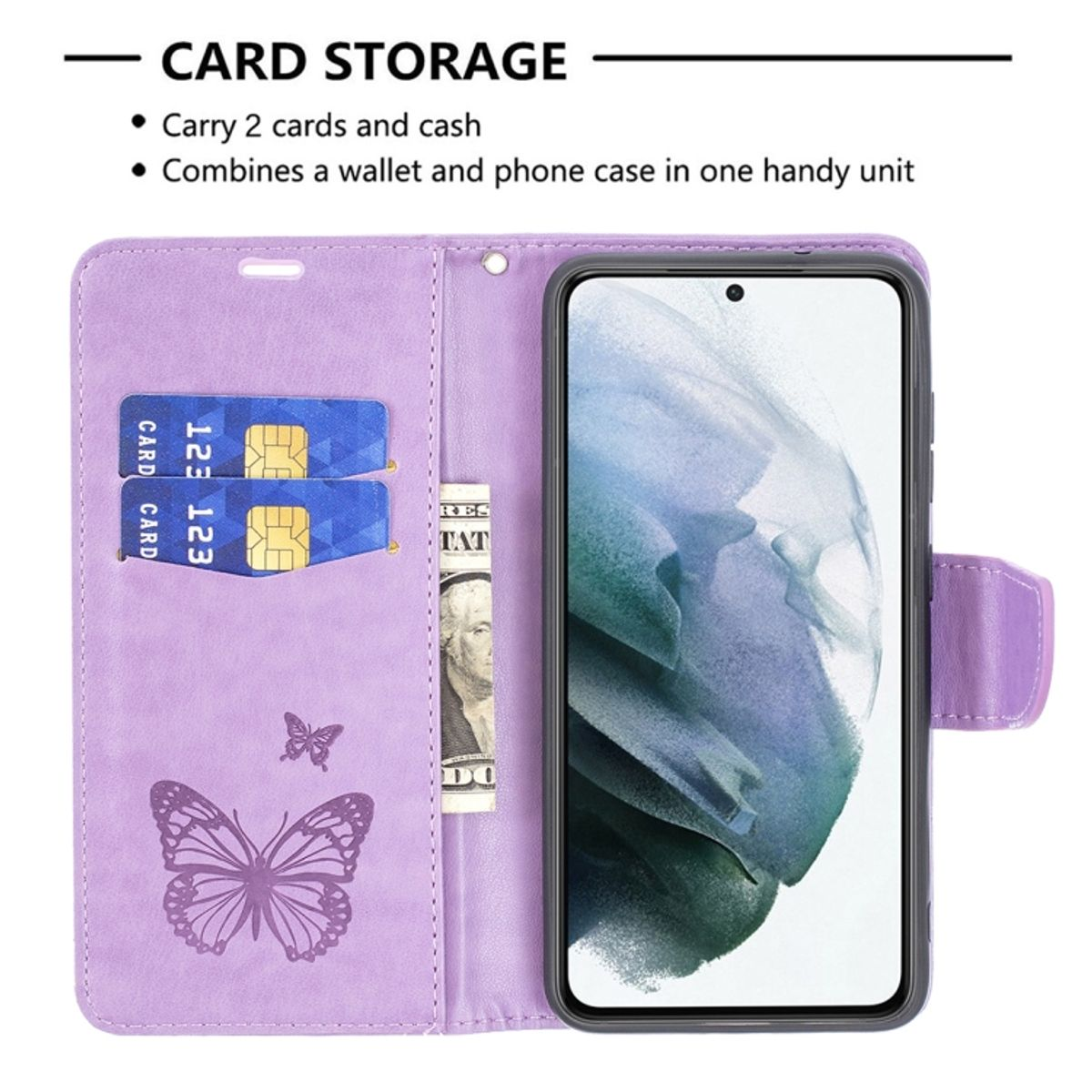 Lila Handyhülle mit Karten, Bargeld und einem Telefon. Enthält Schmetterlingsdesign.