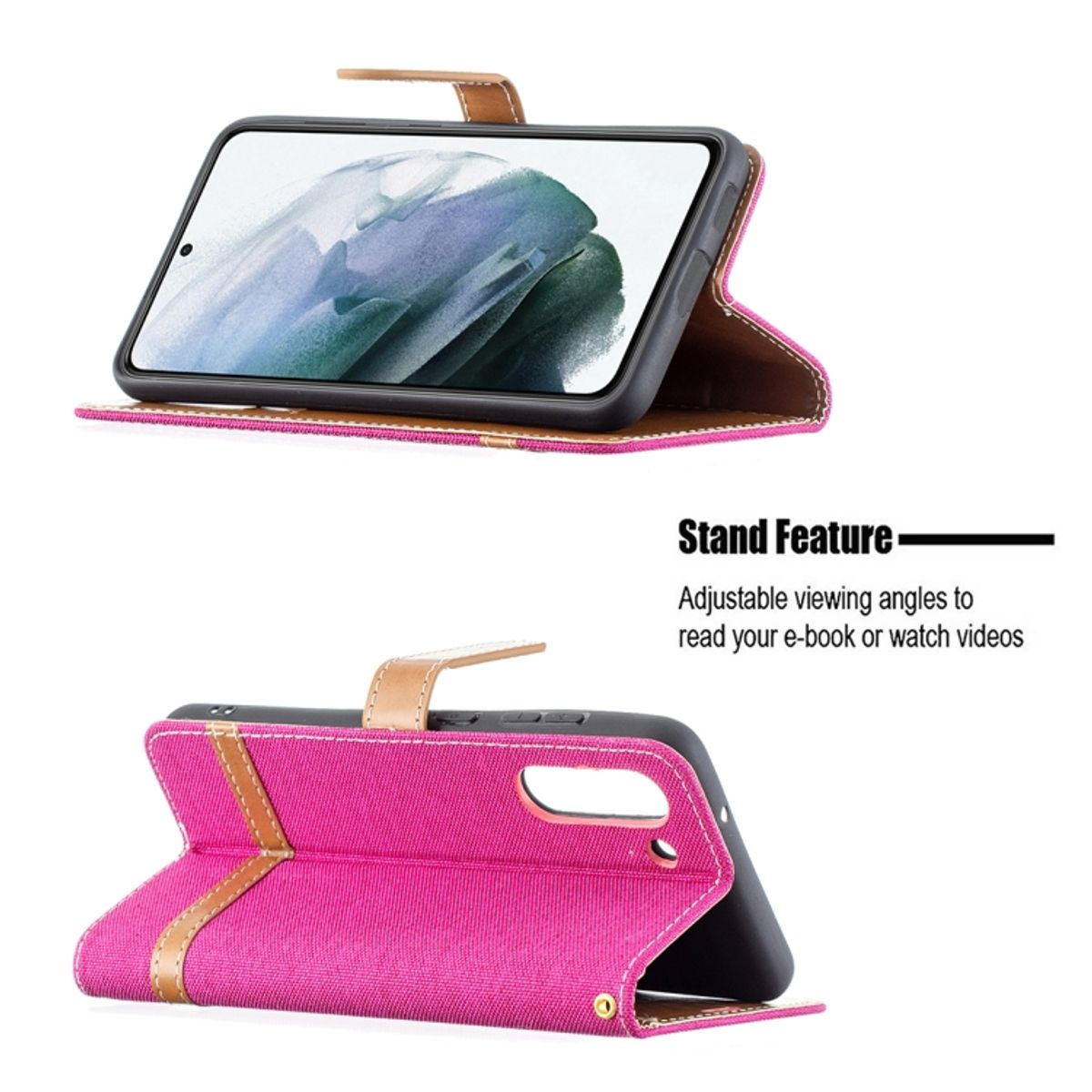 Eine pinke Handyhülle mit Ständerfunktion, mit einem Telefon darin.
