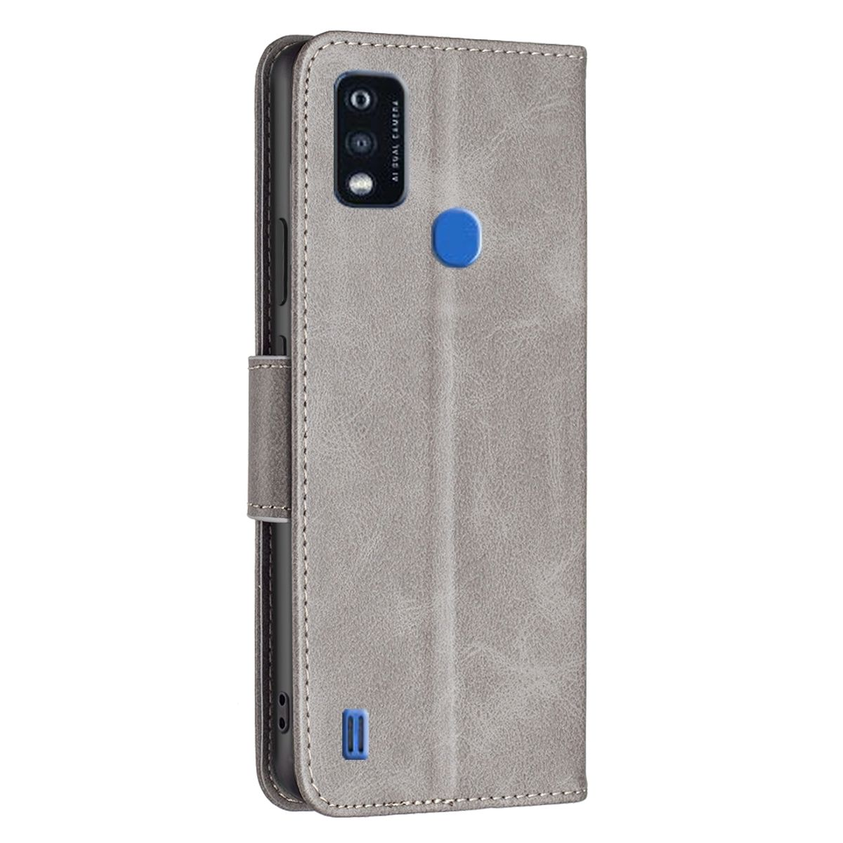 Graue Handyhülle, geschlossen. Telefon im Inneren. Blauer Kamera-Akzent. Weißer Hintergrund.