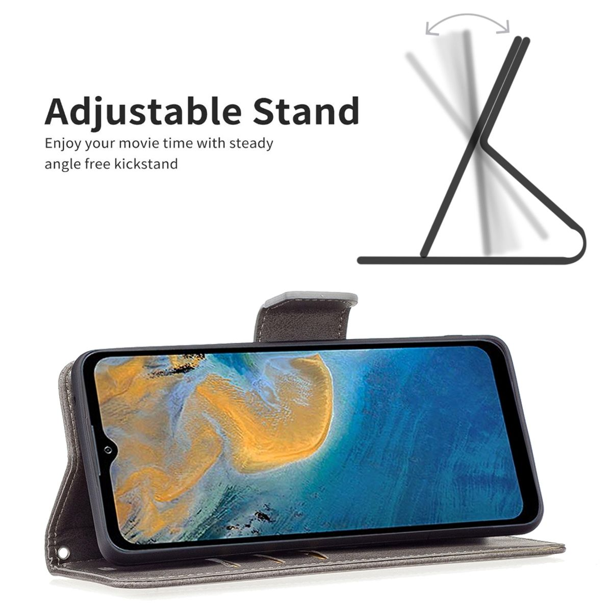 Graues Handy-Case in Ständerposition. Telefon zeigt ein Bild. Text: Adjustable Stand. Grafik.