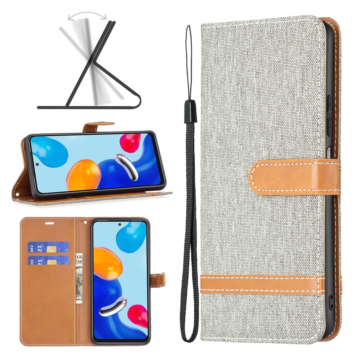 Geöffnete Handyhülle mit Telefon. Mehrere Ansichten. Grauer Stoff und Leder.
