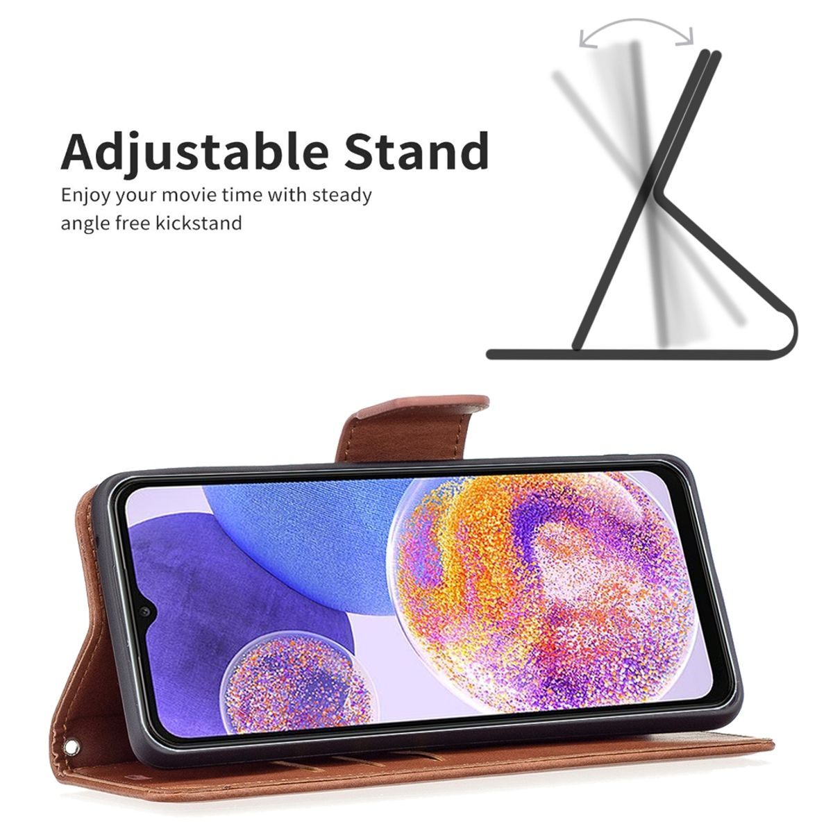 Handyhülle mit Telefon in braunem Lederetui mit verstellbarem Ständer.