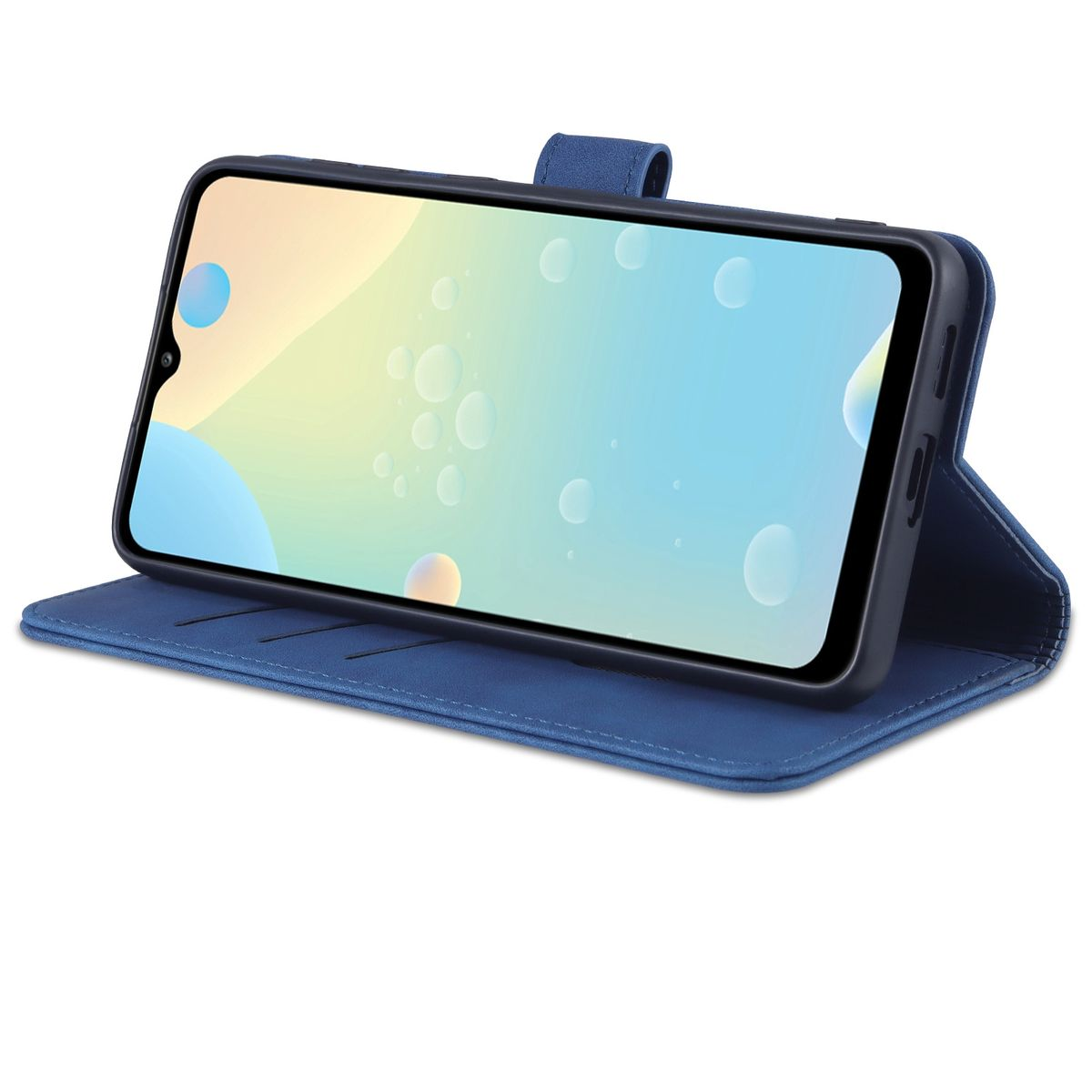 Blaue Handyhülle mit Telefon im Inneren. Das Telefon hat einen Bildschirm mit Blasen. Weißer Hintergrund.