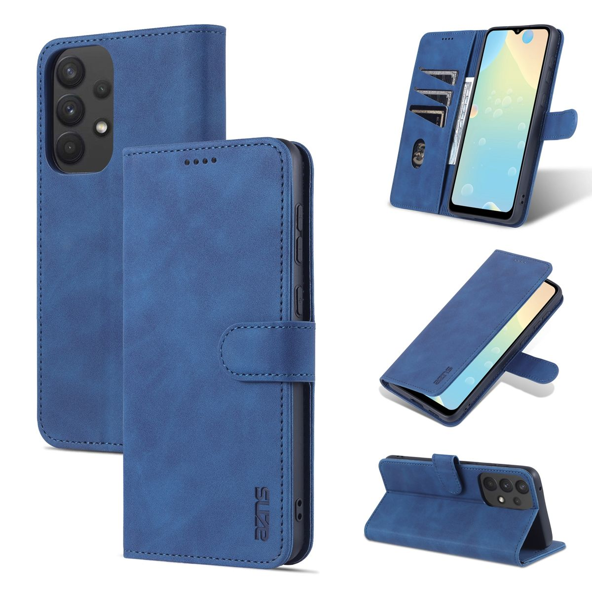 Blaue Handyhülle mit Telefon innen und Kartenfächern. Mehrere Ansichten der Hülle, offen und gefaltet.