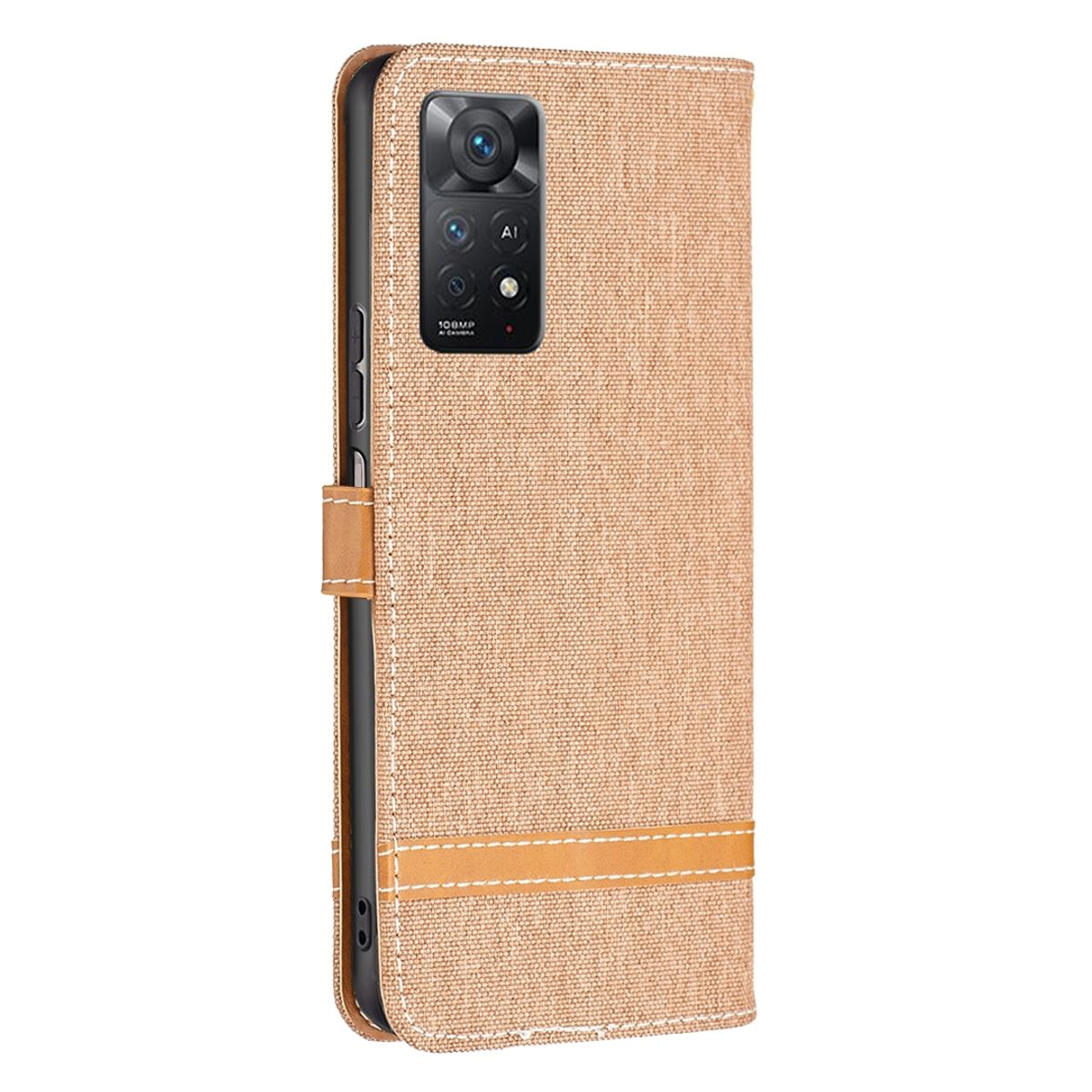 Hellbraune Handyhülle, offen, Telefon zeigend. Brauner Riemen und Nähte.