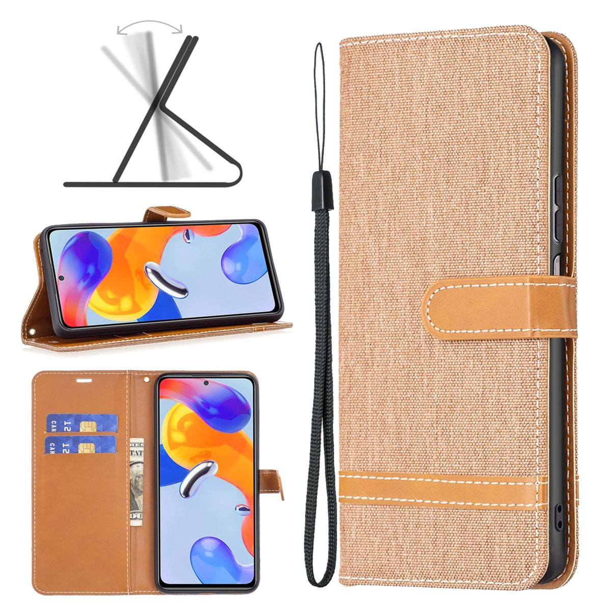 Handyhülle mit Telefon. Beiges Material mit Riemen.