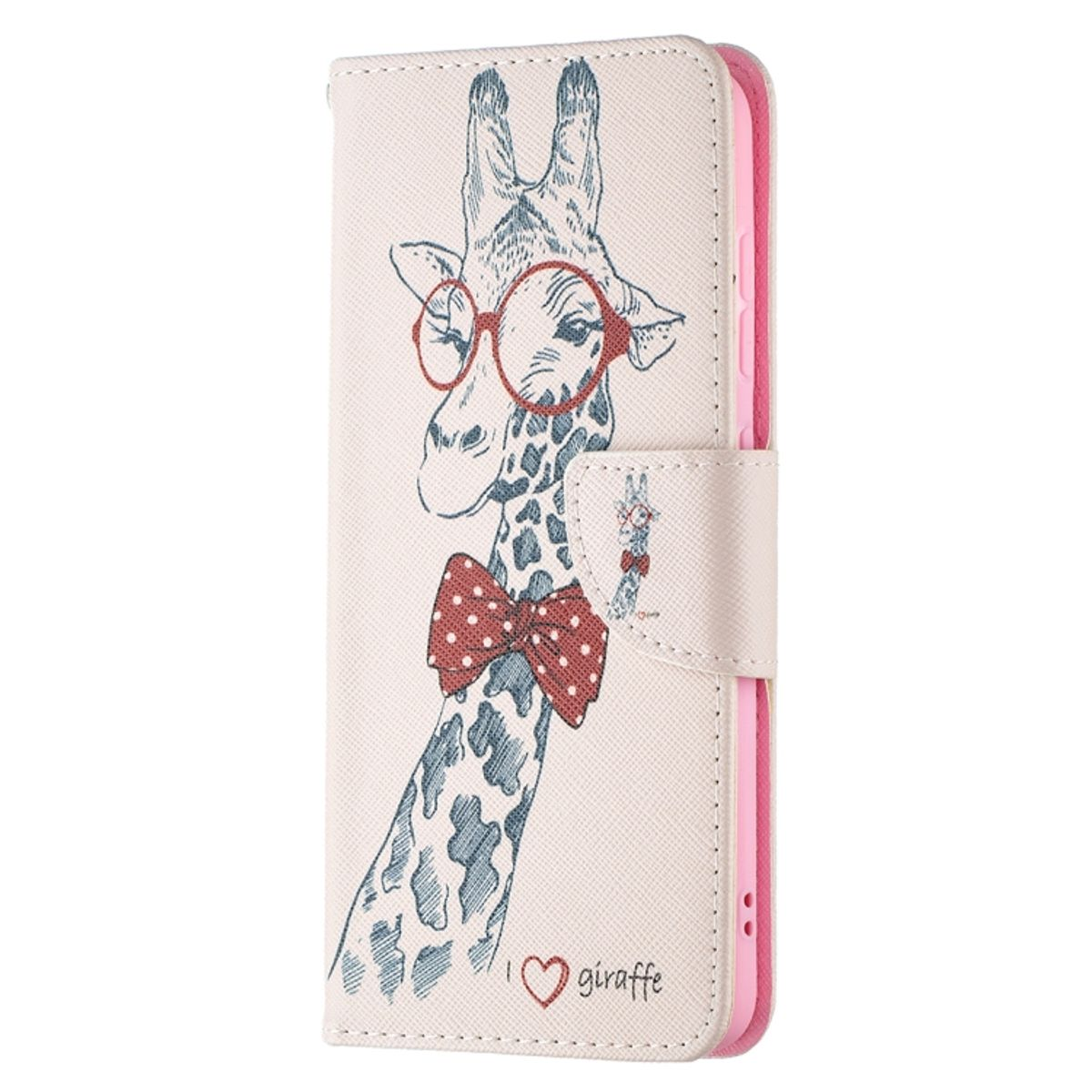 Giraffen-Handyhülle offen, mit einer Giraffen-Illustration. Der Hintergrund ist weiß.