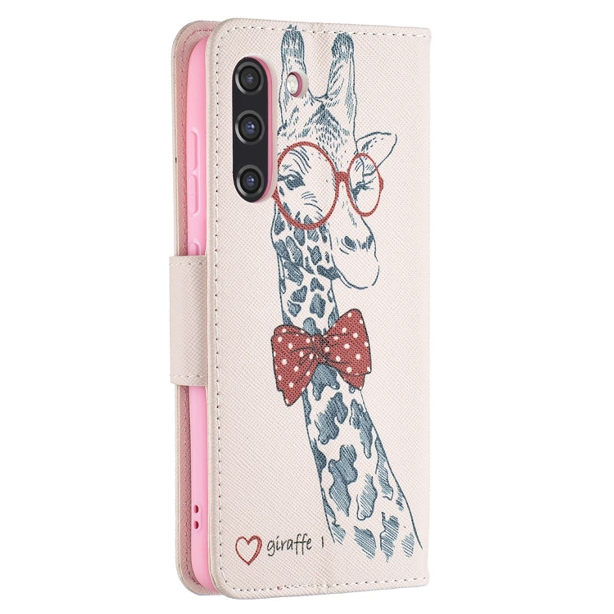Giraffen-Illustration auf einer Handyhülle. Sie trägt Brille und Fliege.