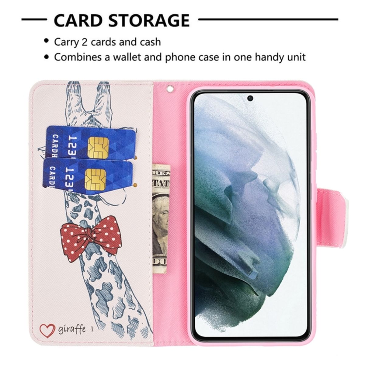 Rosa Handyhülle mit Giraffen-Design, Telefon und Kartenfächern. Enthält Kreditkarten und Bargeld.