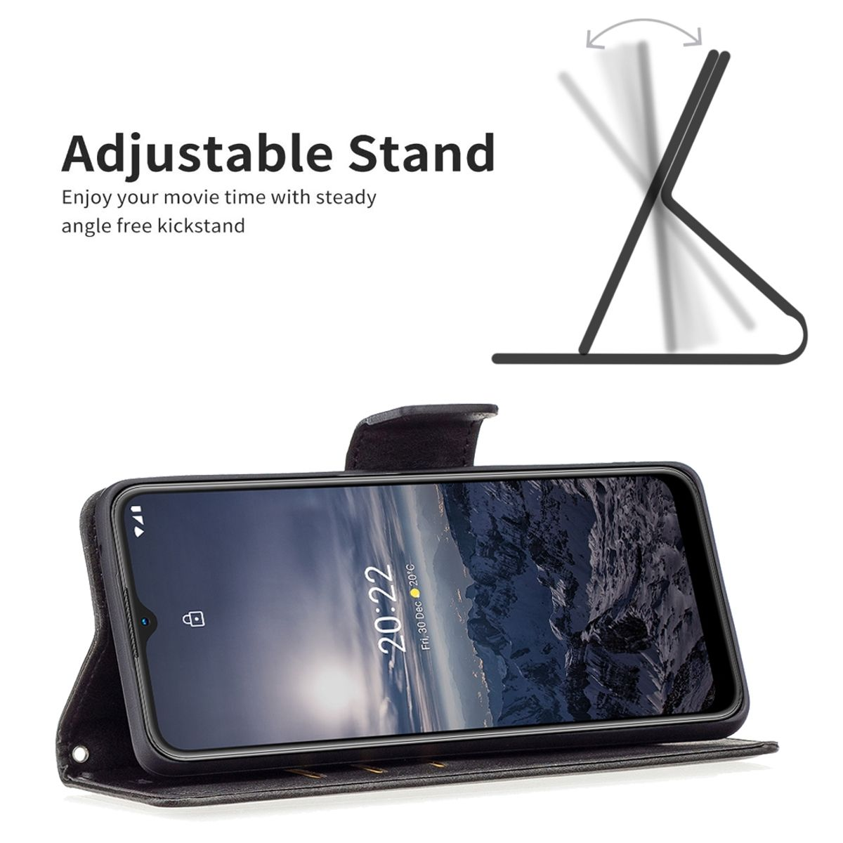 Schwarze Handyhülle im Standmodus, zeigt den Telefonbildschirm mit Uhrzeit und Datum.
