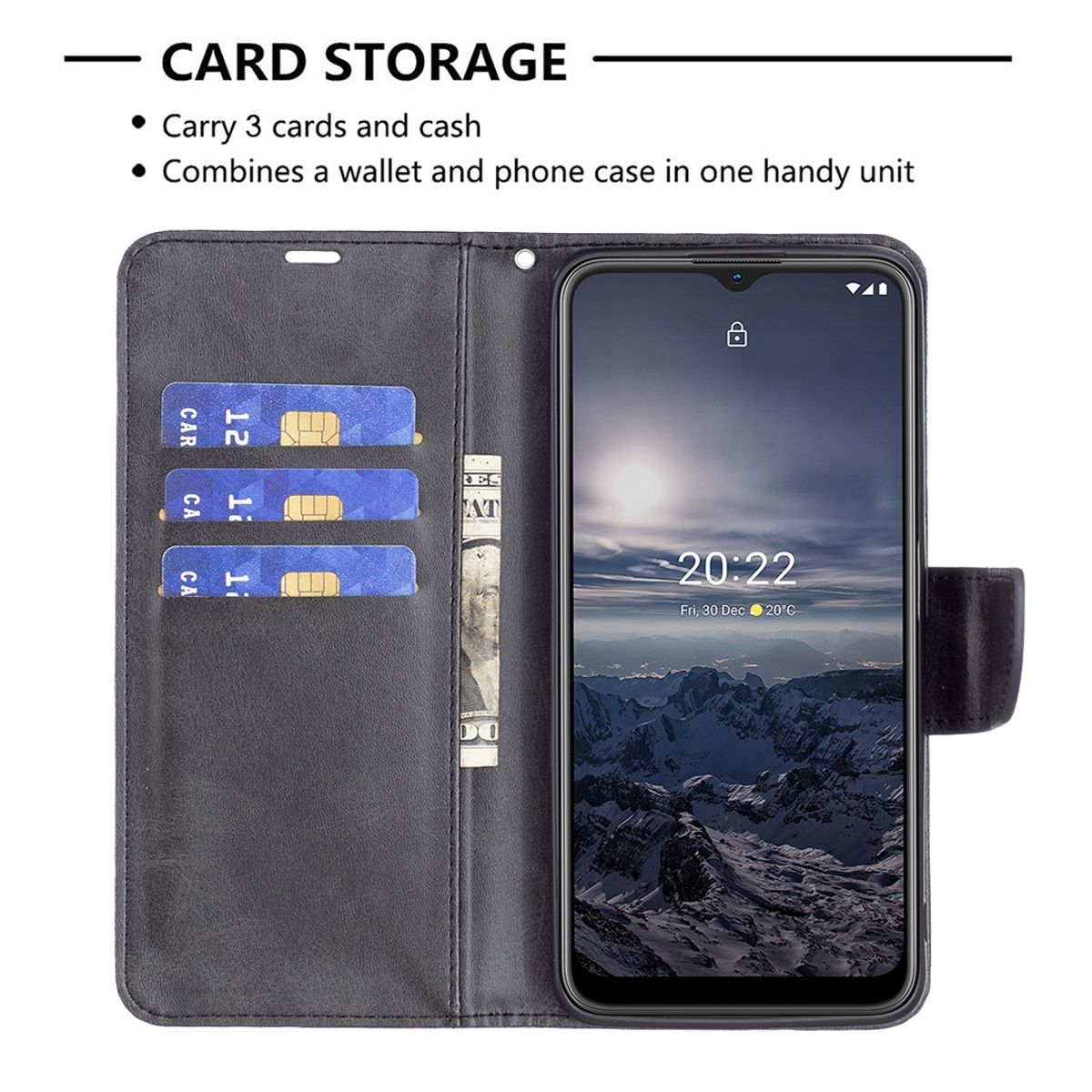 Offene Handyhülle mit Karten, Bargeld und Telefon mit Uhrzeit.