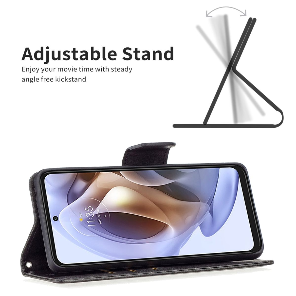 Eine Handyhülle mit verstellbarem Ständer, die einen Bildschirm und ein einfaches Design zeigt.