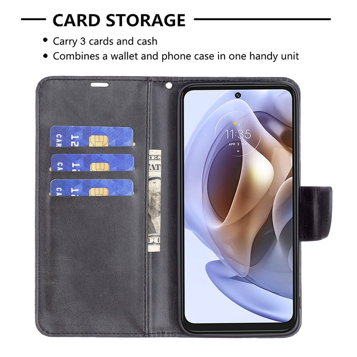 Geöffnete Handyhülle mit Karten und Bargeld. Das Telefon zeigt Uhrzeit und Datum. Graue Hülle.