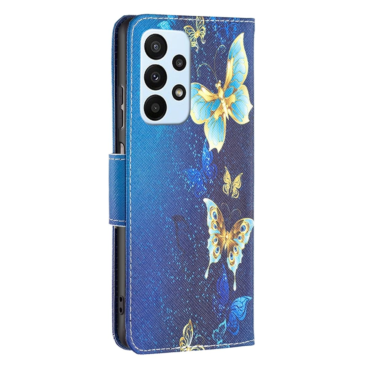 Blaue Handyhülle mit Schmetterlingsdesign. Das Telefon ist in der Hülle.