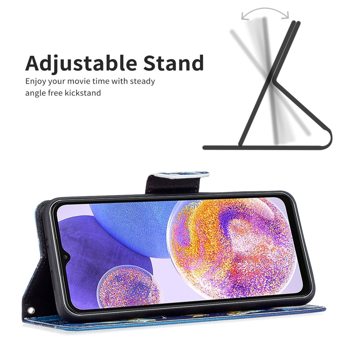Schwarze Handyhülle mit einem Telefon im Inneren. Das Telefon hat einen Bildschirm mit einem abstrakten Design. Weißer Hintergrund.