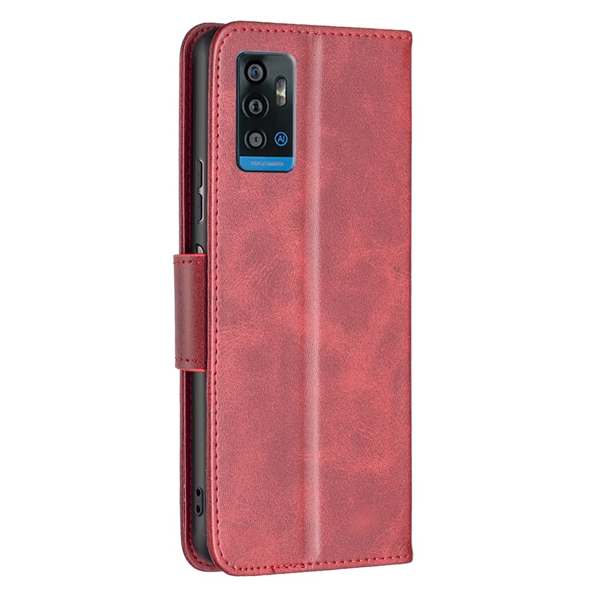 Offene rote Handyhülle. Schwarzes Telefon innen. Dreifachkamera am Telefon sichtbar.