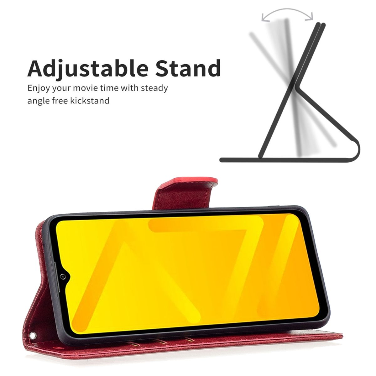 Eine rote Handyhülle mit einem Telefon darin. Die Hülle ist geöffnet, das Telefon steht auf einem Ständer.