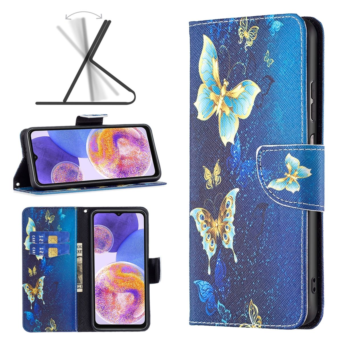 Blaue Handyhülle mit Schmetterlingen, offen und geschlossen. Die offene Hülle zeigt ein Telefon im Ständer und Kartenfächer mit Geld.