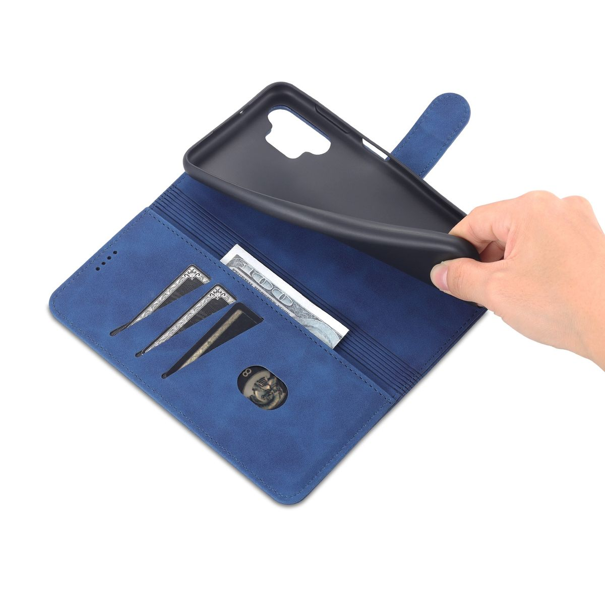 Blaues Handy-Hüllen-Portemonnaie offen, Hand hält Handy-Hüllen-Cover, mit Karten- und Geldfächern. Schwarze Handy-Hülle innen.