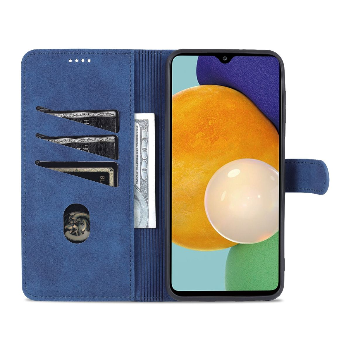 Eine blaue Handyhülle mit einem Telefon darin. Die Hülle hat Kartenfächer und einen Geldschlitz.