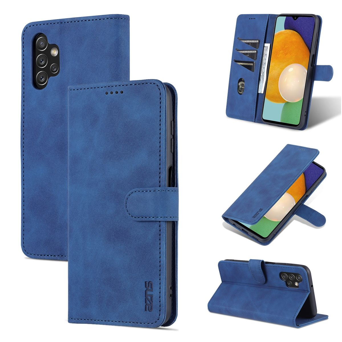 Blaue Handyhülle, mehrere Ansichten: geschlossen, offen mit Telefon, offen als Ständer. Blaues Telefon.