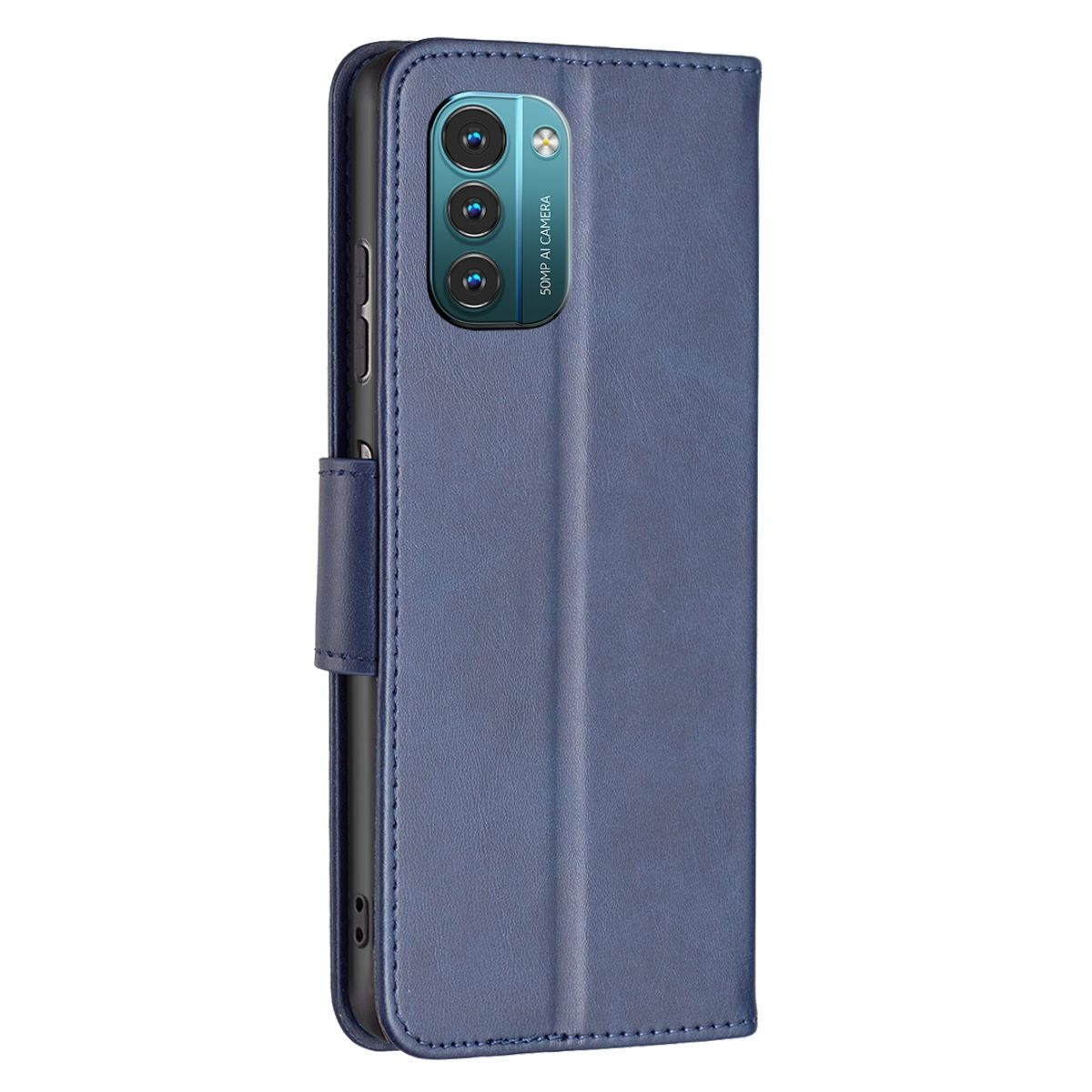 Eine dunkelblaue Handyhülle, geschlossen, mit sichtbarer Telefonkamera.