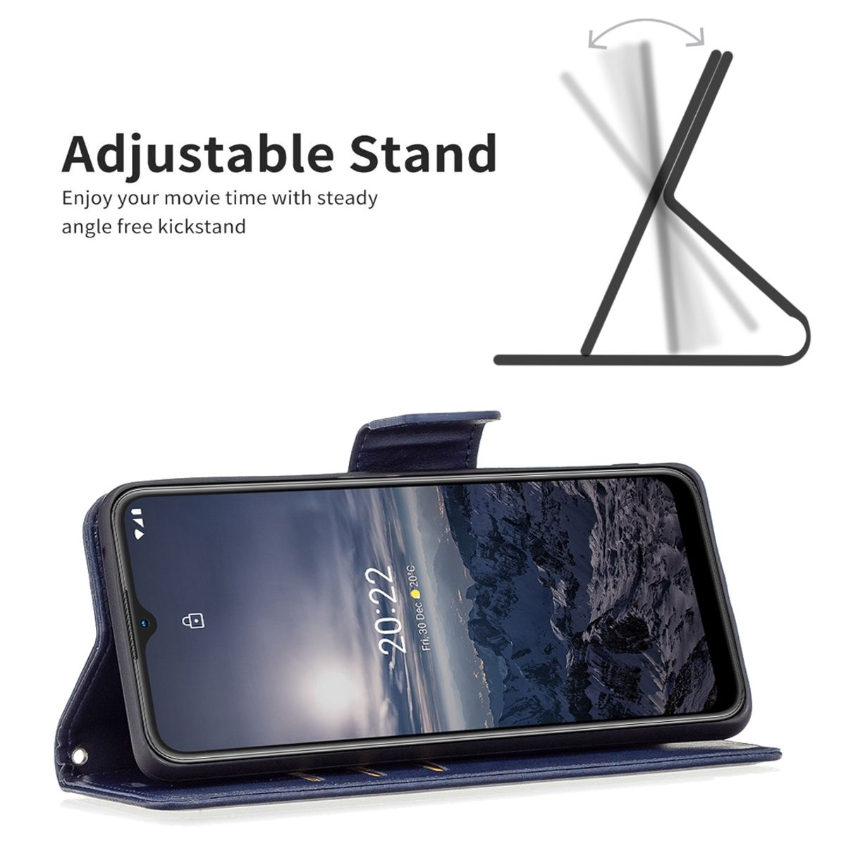 Blaue Handyhülle mit Telefon, offen. Text: Verstellbarer Ständer.