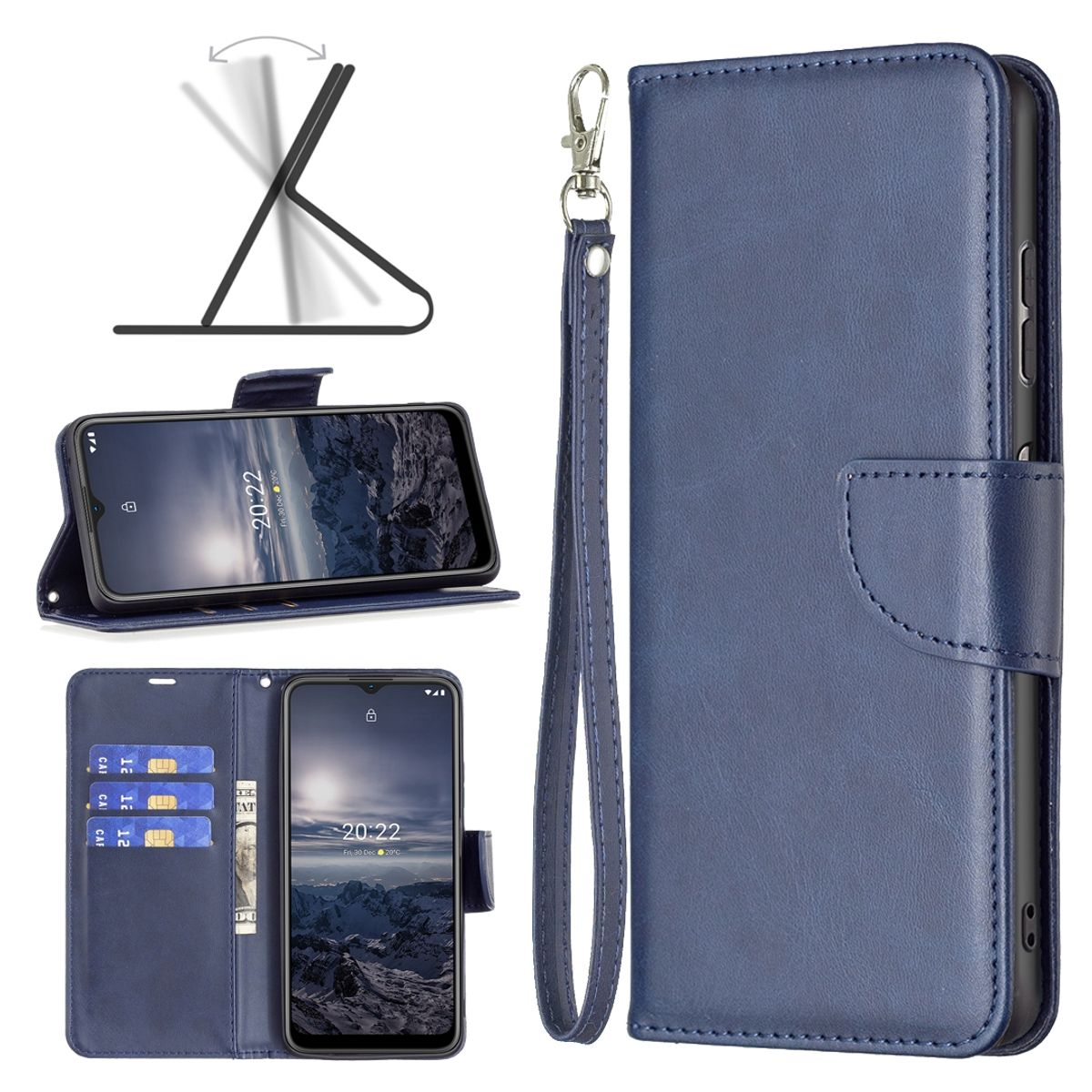 Blaue Leder-Handyhülle. Telefon in geöffneter Hülle. Karten und Geld innen.