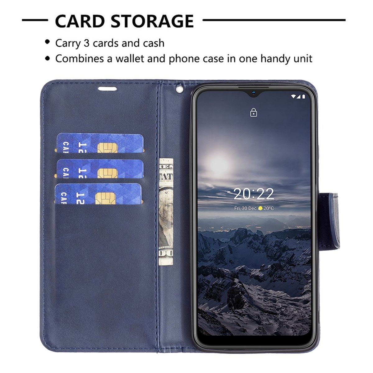 Blaue Handyhülle mit Telefon und Kartenfächern offen, mit Text.