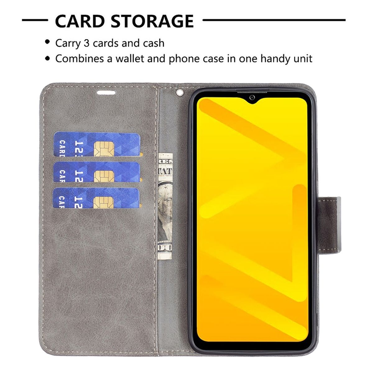 Graue Handyhülle mit Telefon, Karten und Bargeld. Das Telefon zeigt einen gelben Bildschirm.