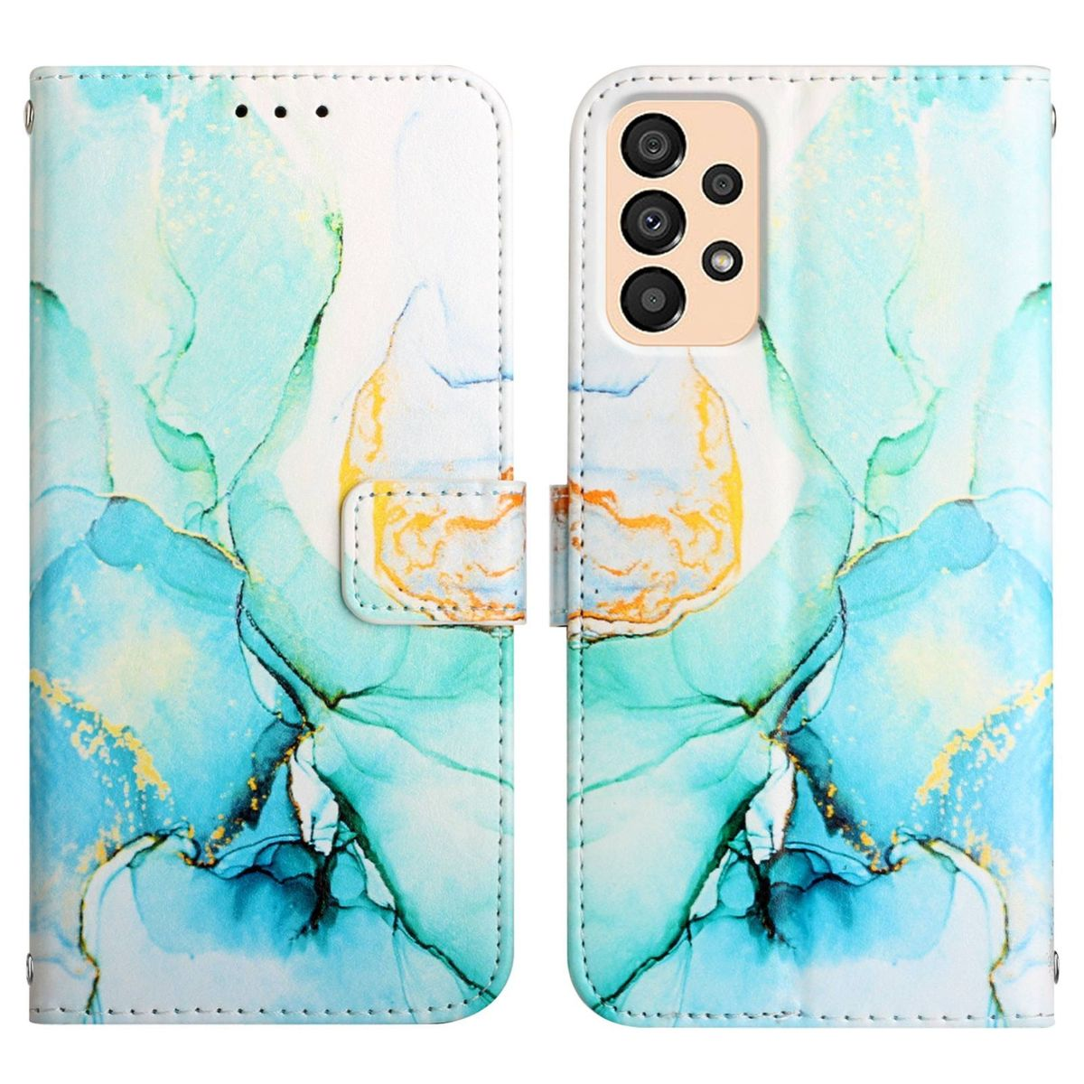 Geöffnete Handyhülle mit abstraktem Gemäldedesign. Blau und grün. Telefon ist drin.