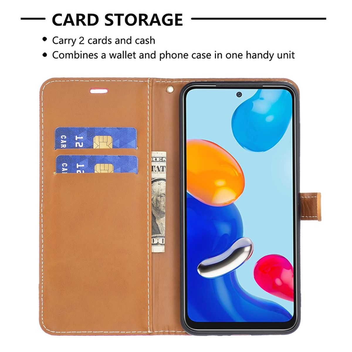 Geöffnete braune Handyhülle mit Karten und Bargeld. Telefonbildschirm zeigt farbenfrohes Design.
