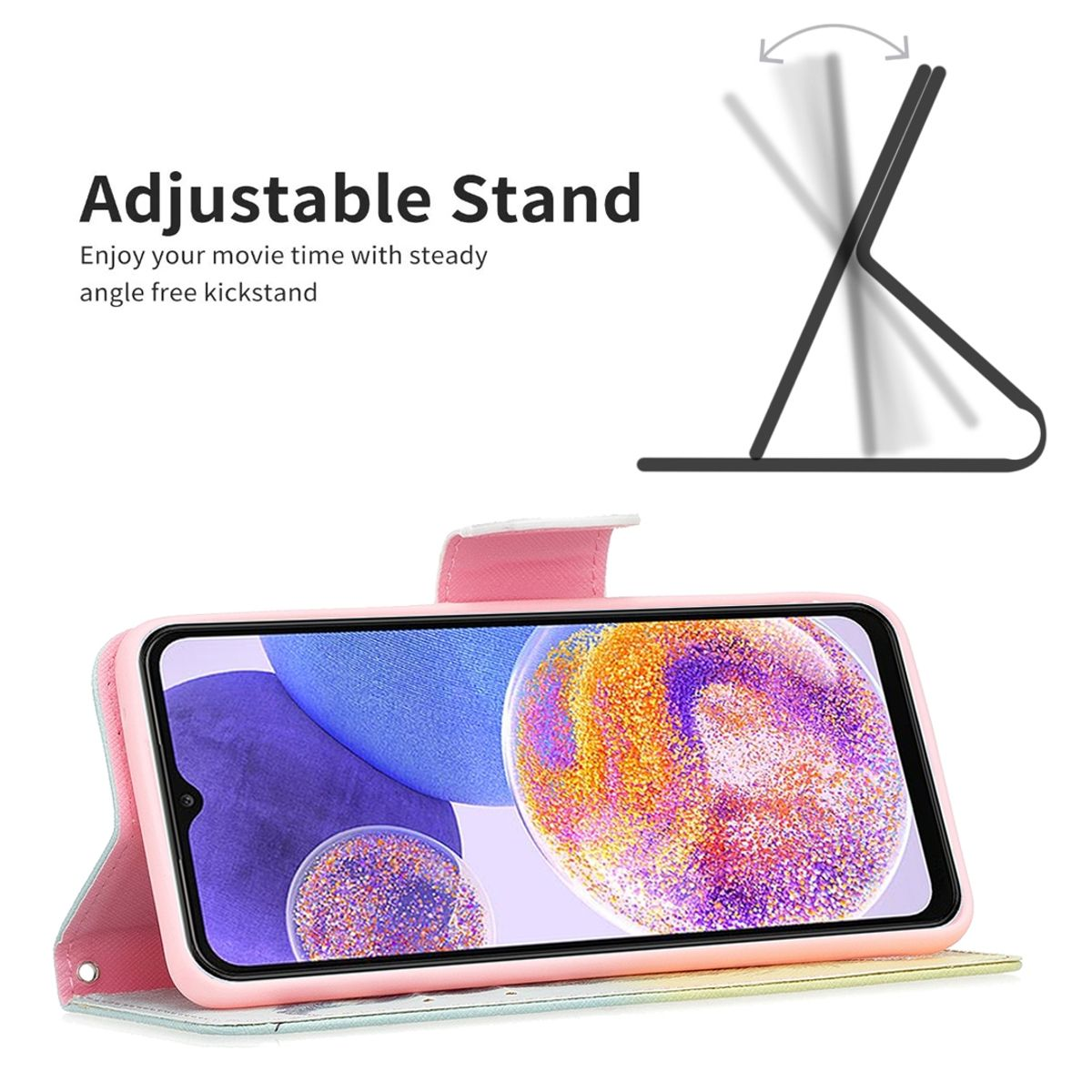 Rosa Handyhülle im Standmodus, zeigt den Telefonbildschirm. Hat ein Blumendesign.