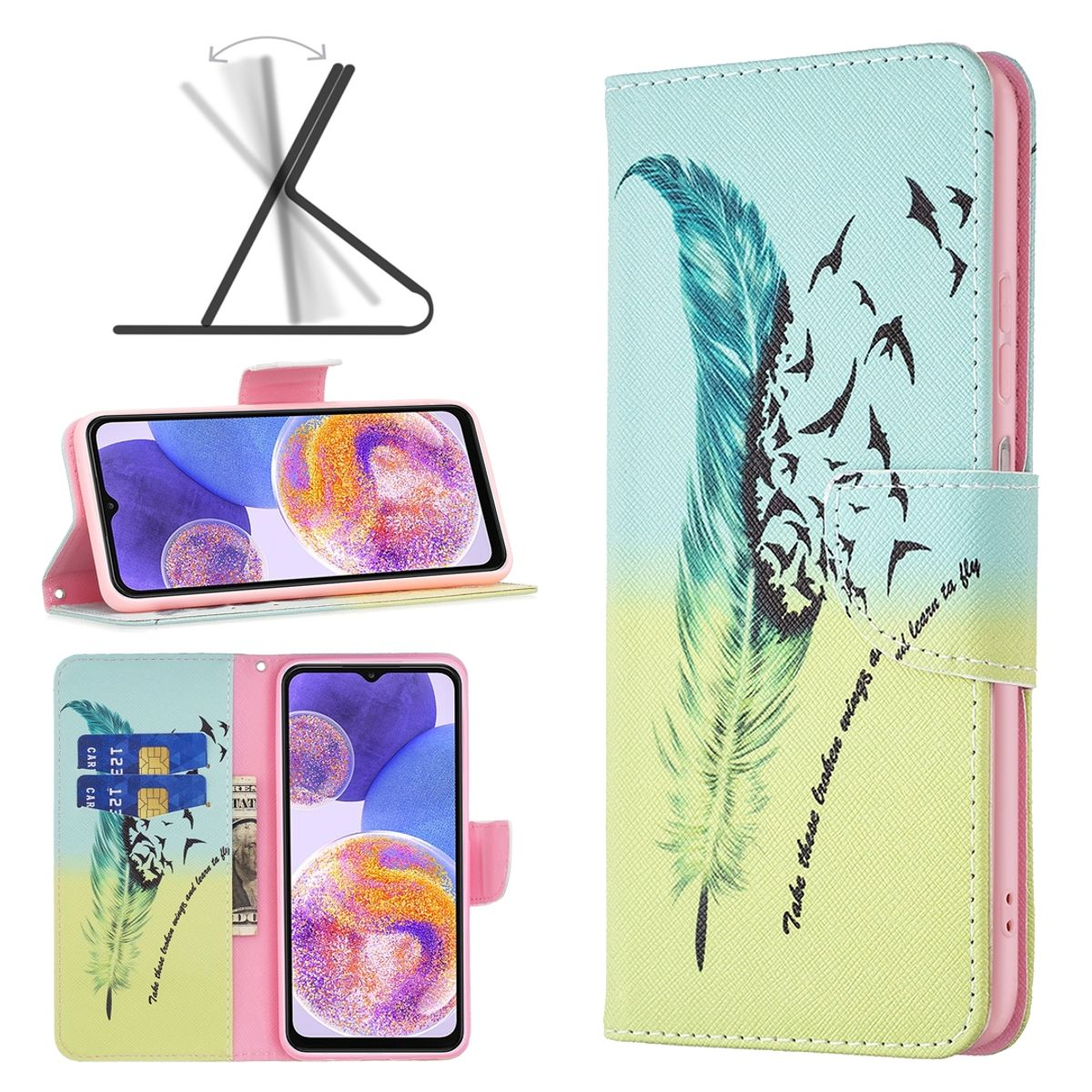 Handyhülle mit Federdesign, Telefon, Karten und Bargeld. Grün und Pink.
