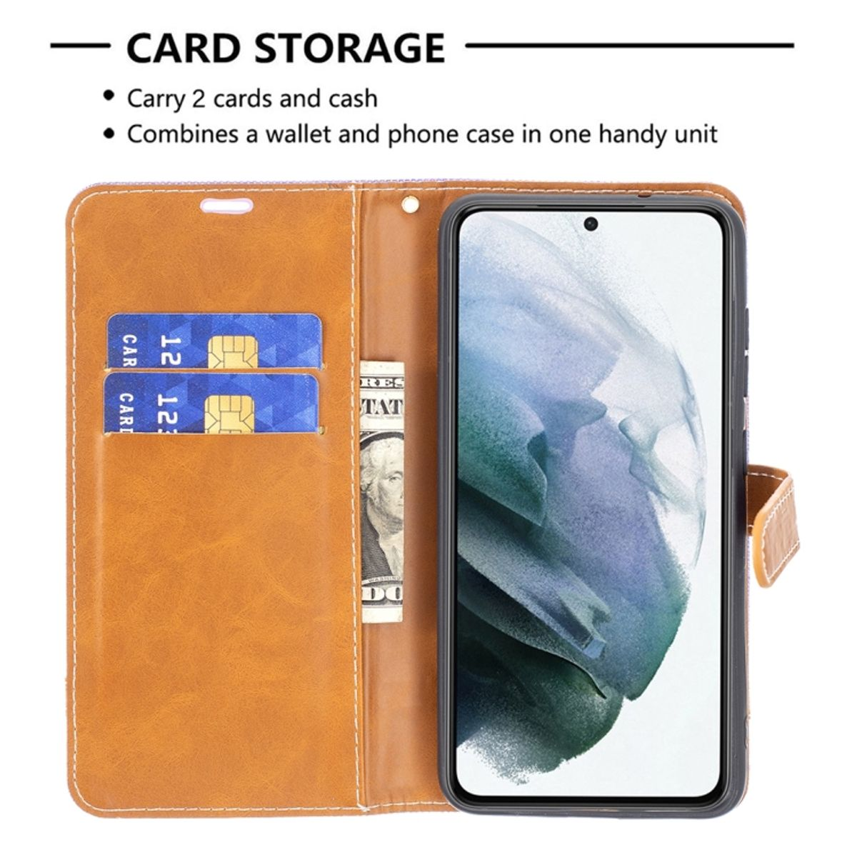 Geöffnete braune Handyhülle mit Karten und Bargeld, mit einem Telefon darin.