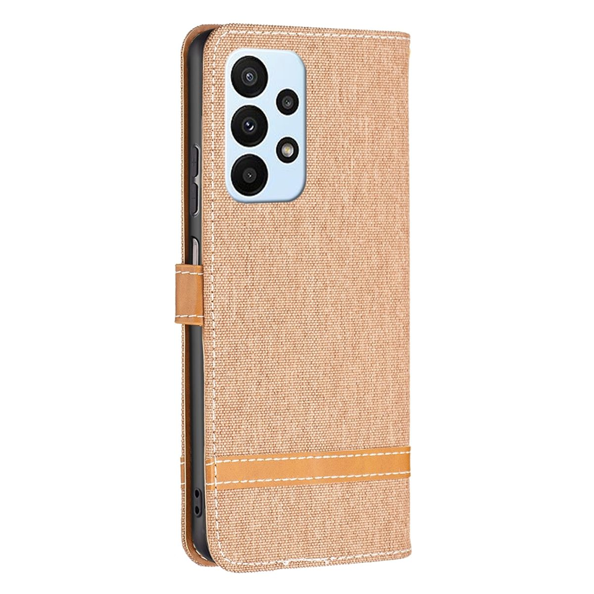 Hellbraune Handyhülle mit Telefon. Beige Hülle mit braunem Streifen in der Mitte.