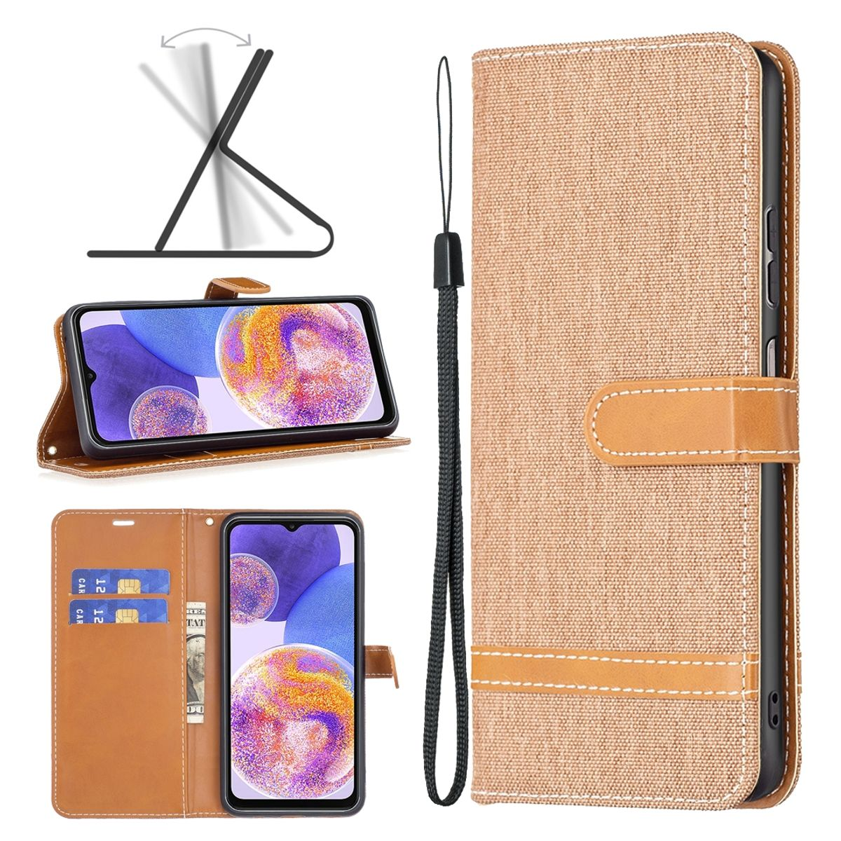 Beige Handyhülle, offen, zeigt Telefon und Kreditkarten. Es hat eine Standfunktion.
