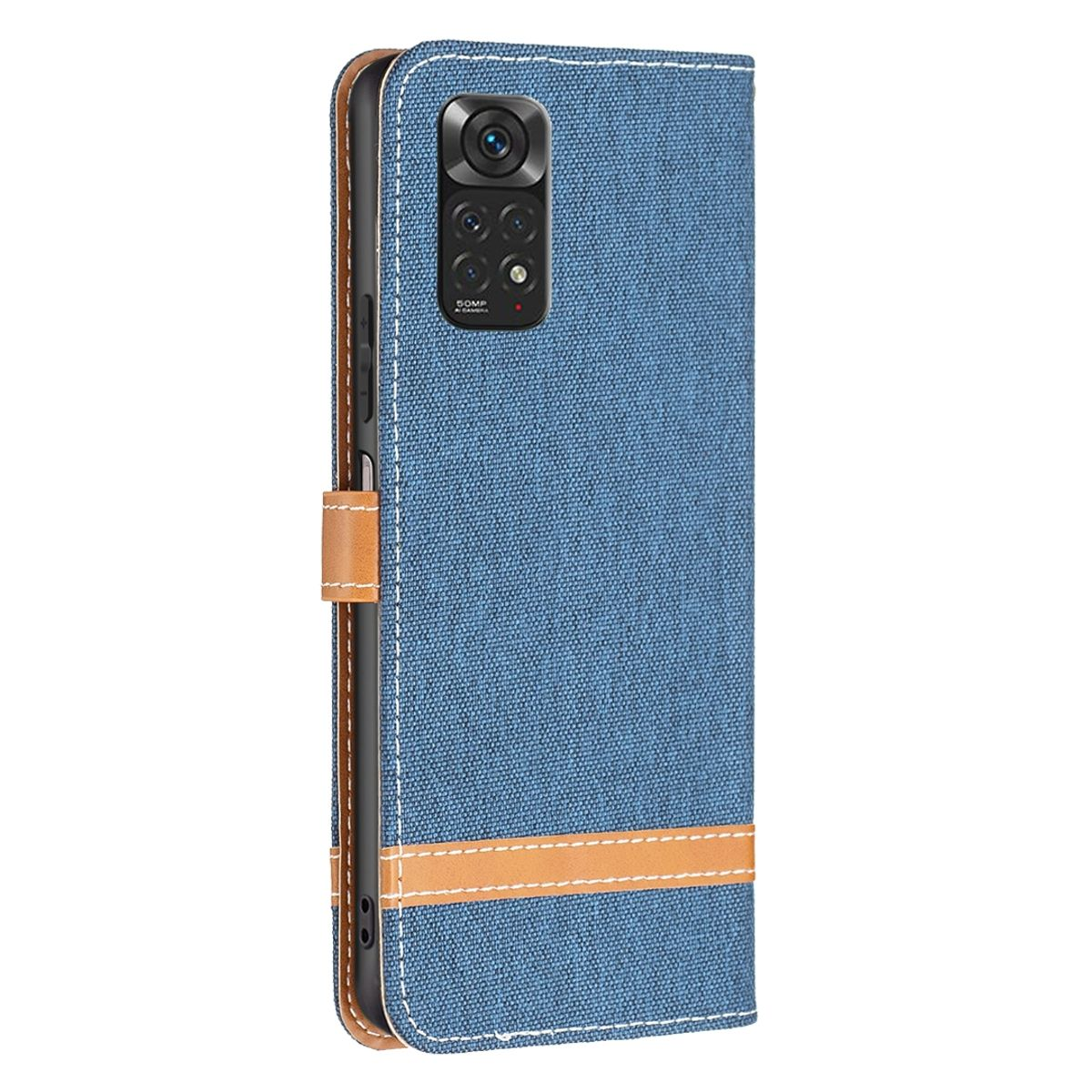 Blaue Jeans-Handyhülle mit braunen Lederakzenten und Nähten. Die Handyhülle ist geschlossen.