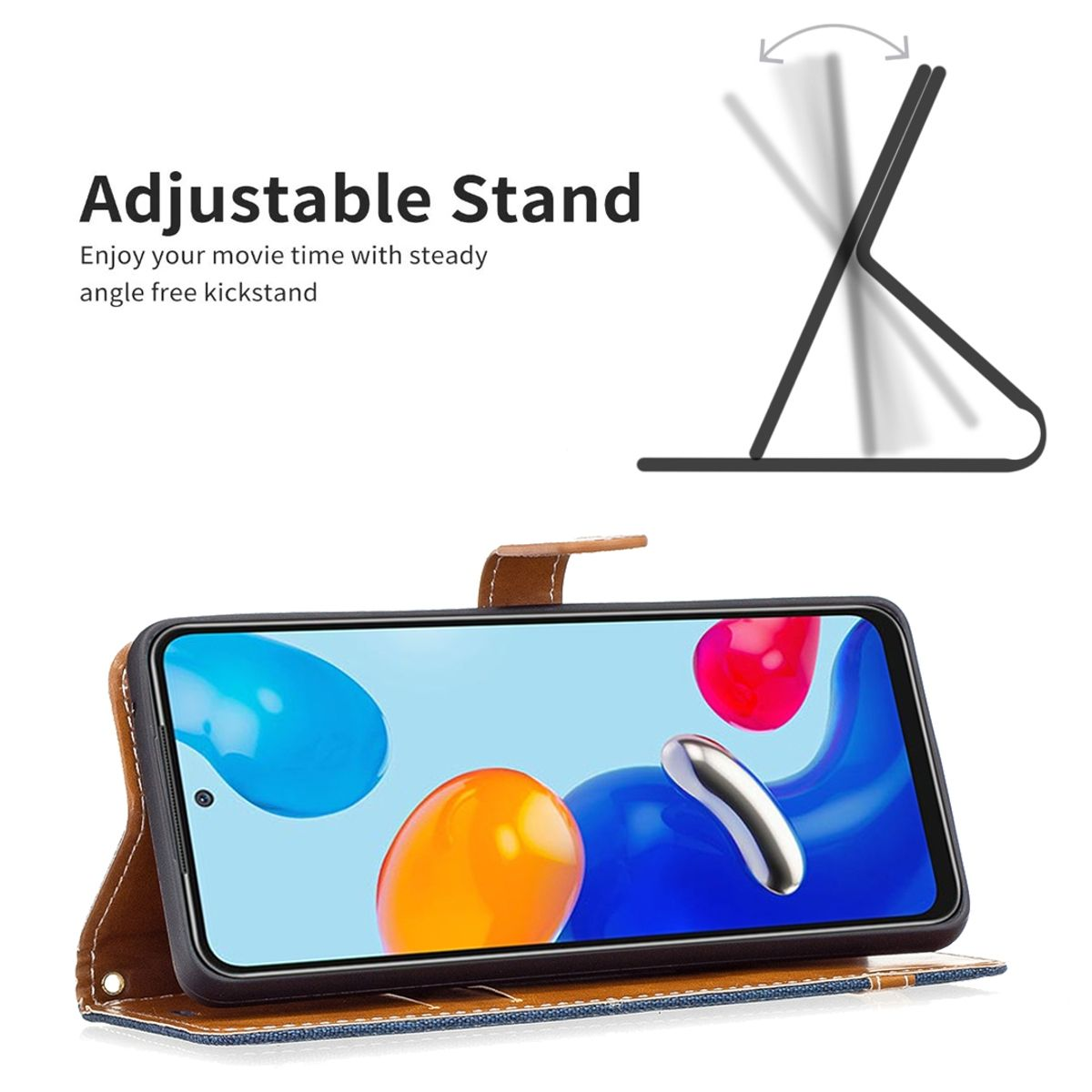 Handyhülle offen, mit Handy. Das Handy steht auf einem Ständer.