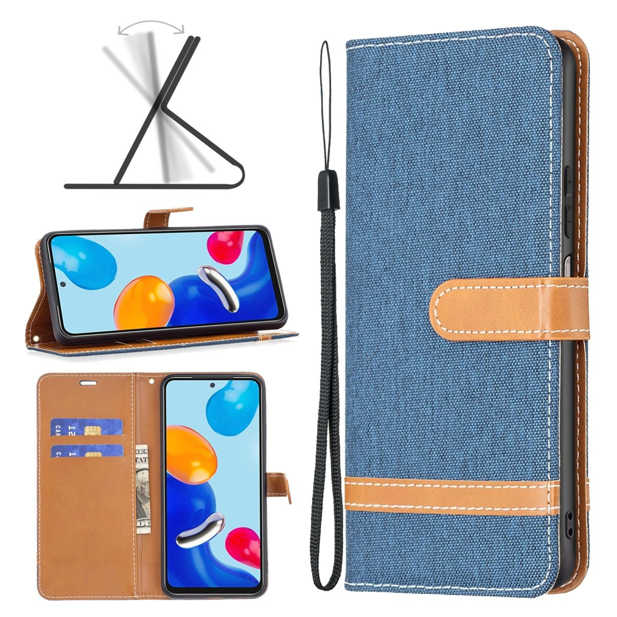 Blau-braune Brieftaschen-Handyhülle mit Telefon. Ständer und Riemen sind enthalten.