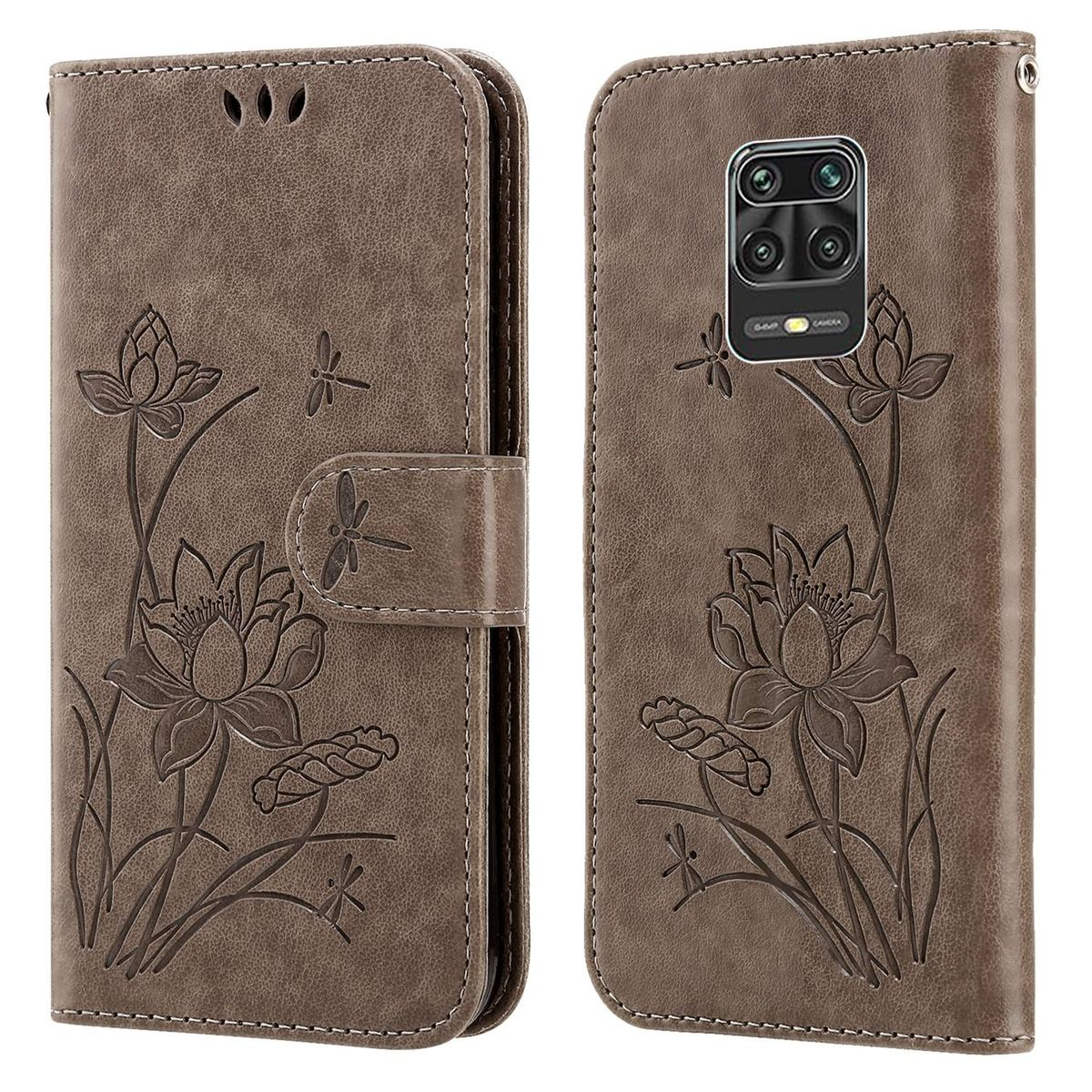 Braune Handyhülle mit Lotusblumen-Design. Mit floraler Prägung und Libellen-Akzenten.