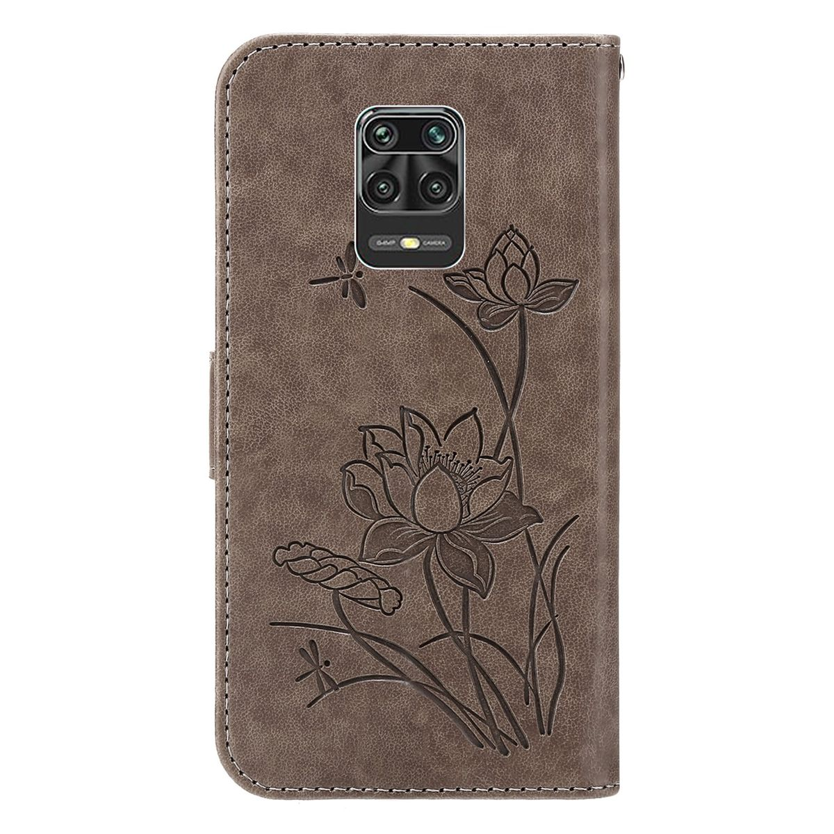 Braune Handyhülle mit floralem Design und Kamera. Die Hülle ist geschlossen.