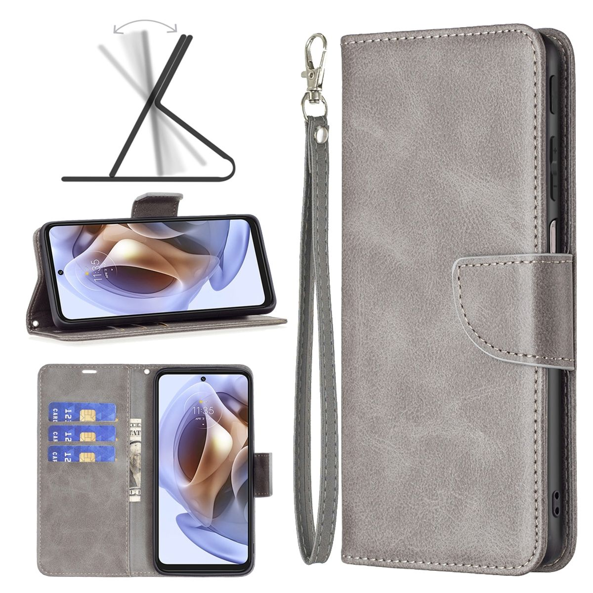 Graue Handyhülle, offen und geschlossen. Telefon im Etui. Karten und Geld gezeigt. Etui kann stehen.