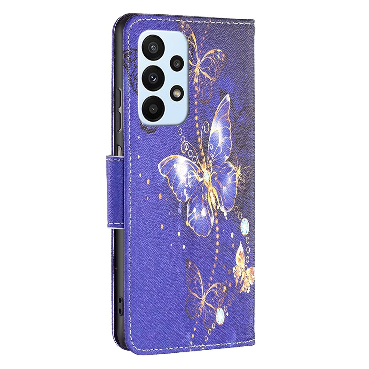 Blaue Handyhülle mit Schmetterlingsdesign. Schmetterlinge sind goldfarben. Die Hülle ist geschlossen.