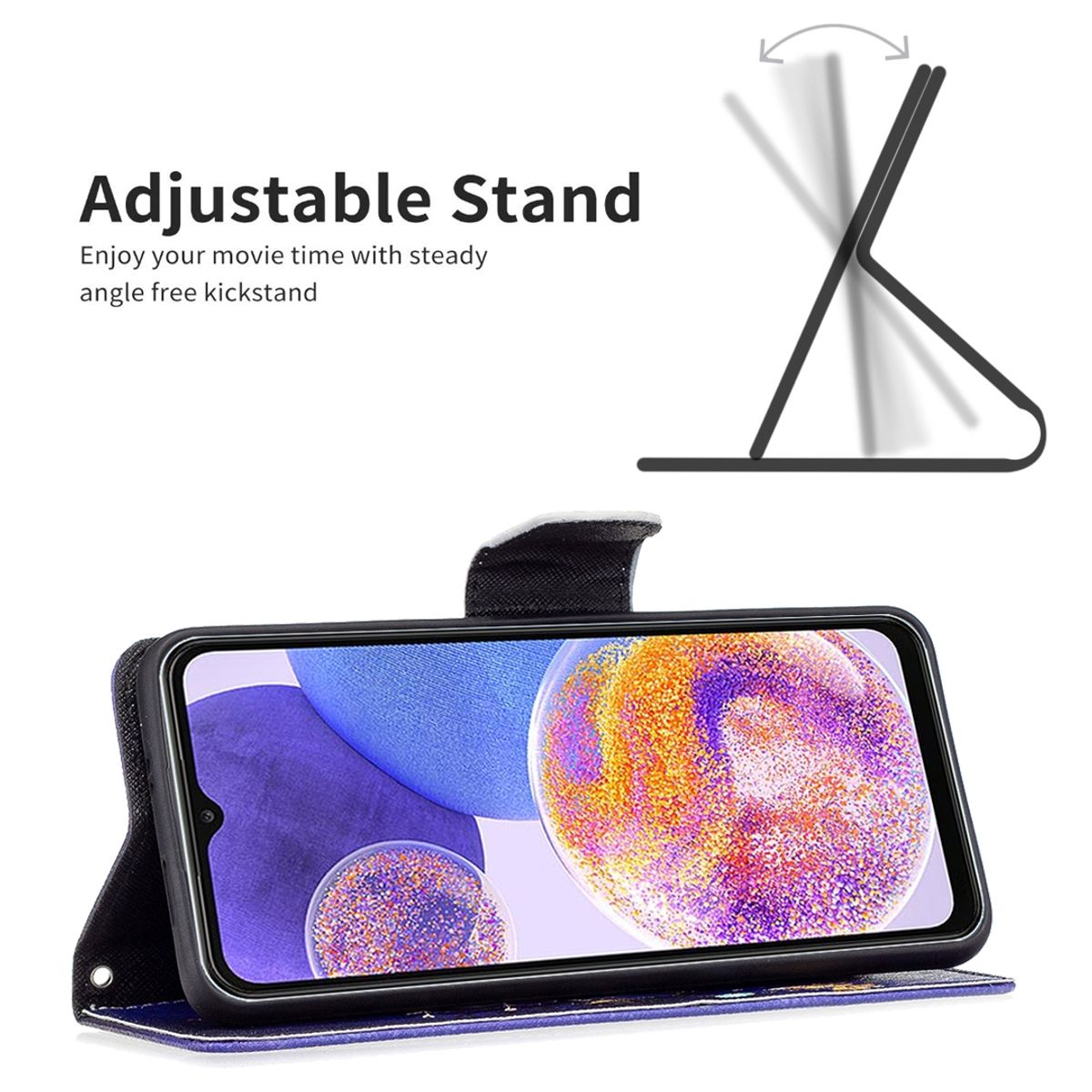 Handyhülle mit geöffnetem Telefon, zeigt Bildschirm und verstellbare Standfunktion.