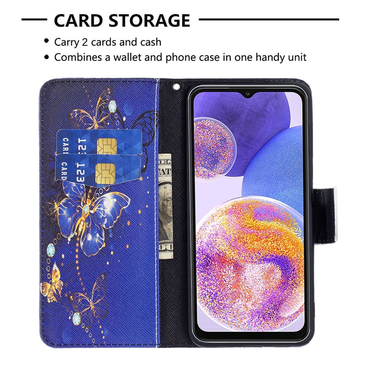 Blaue Handyhülle, Karten und Geld im Inneren. Telefon mit Schmetterlingen und Text sichtbar.