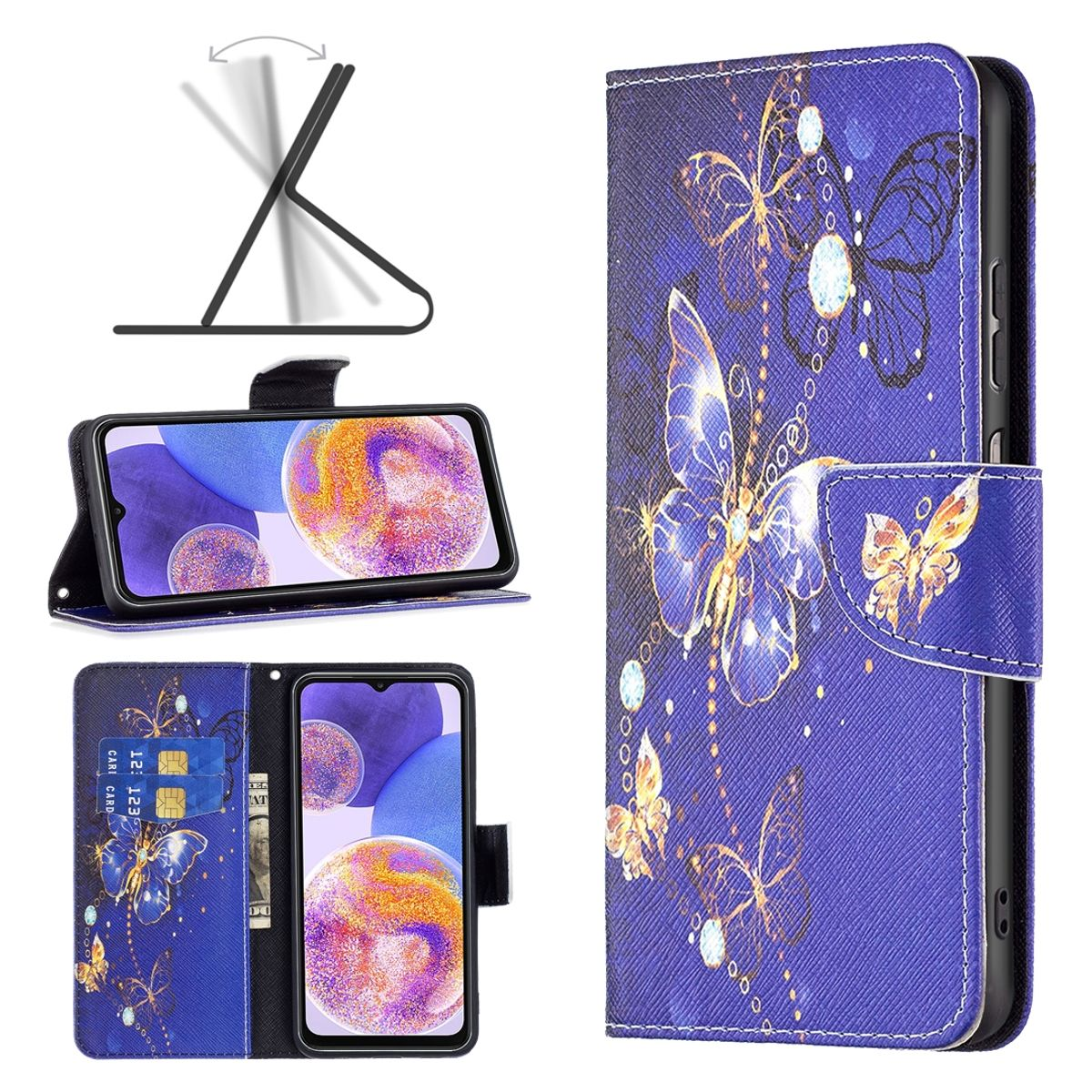 Blaue Handyhülle mit Schmetterlingsdesign, mehrere Ansichten und Karten.