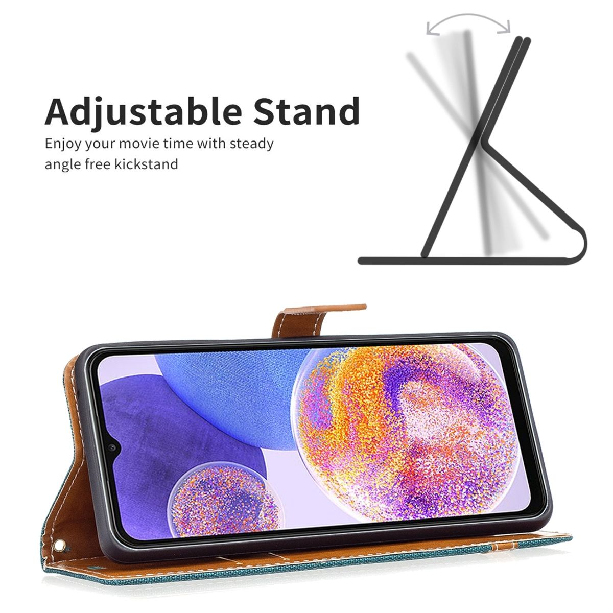 Telefon in grüner Hülle, wird als Ständer aufgestellt. Text: 'Adjustable Stand'.