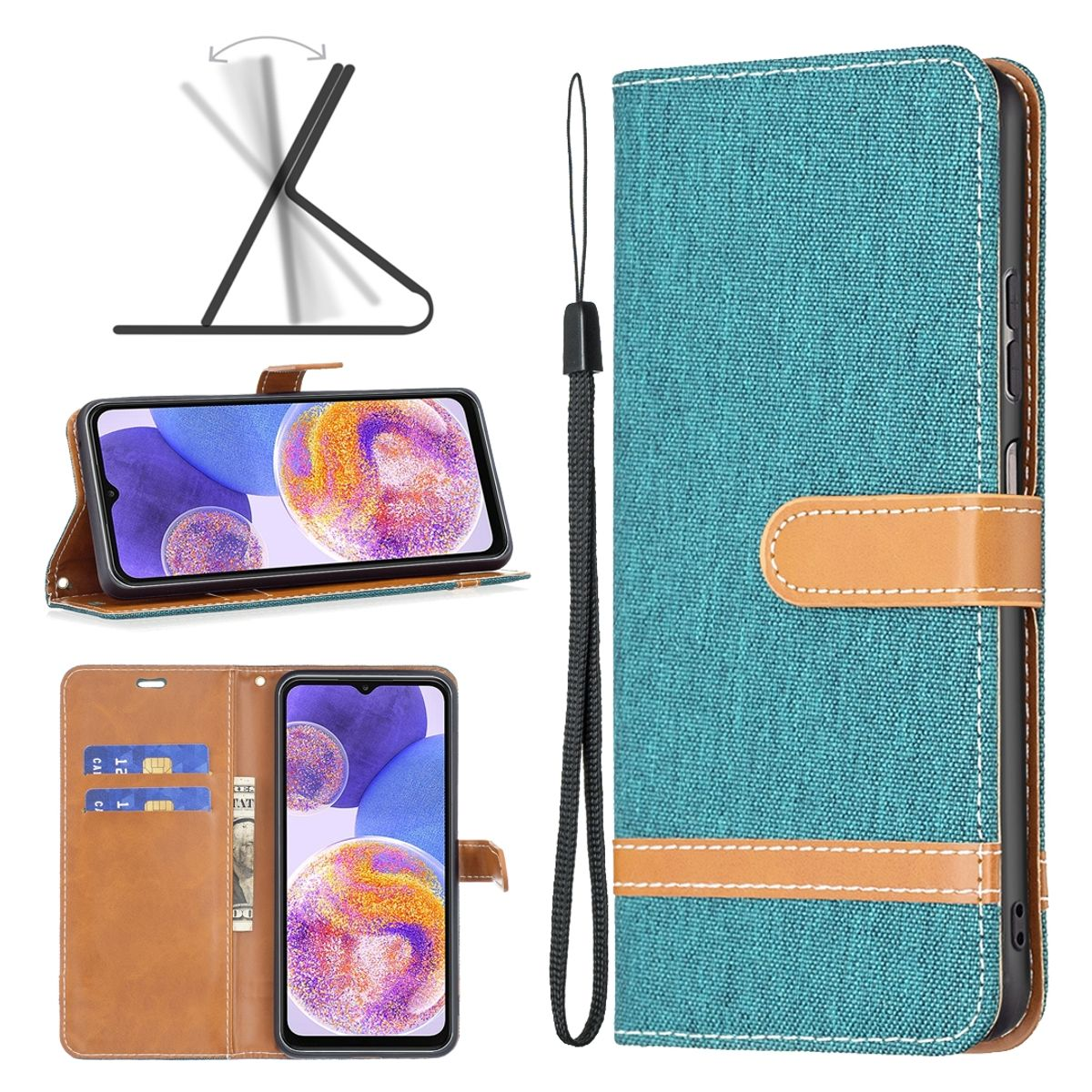 Türkisfarbene Handyhülle mit Telefon. Braune und beige Akzente, schwarzer Riemen.