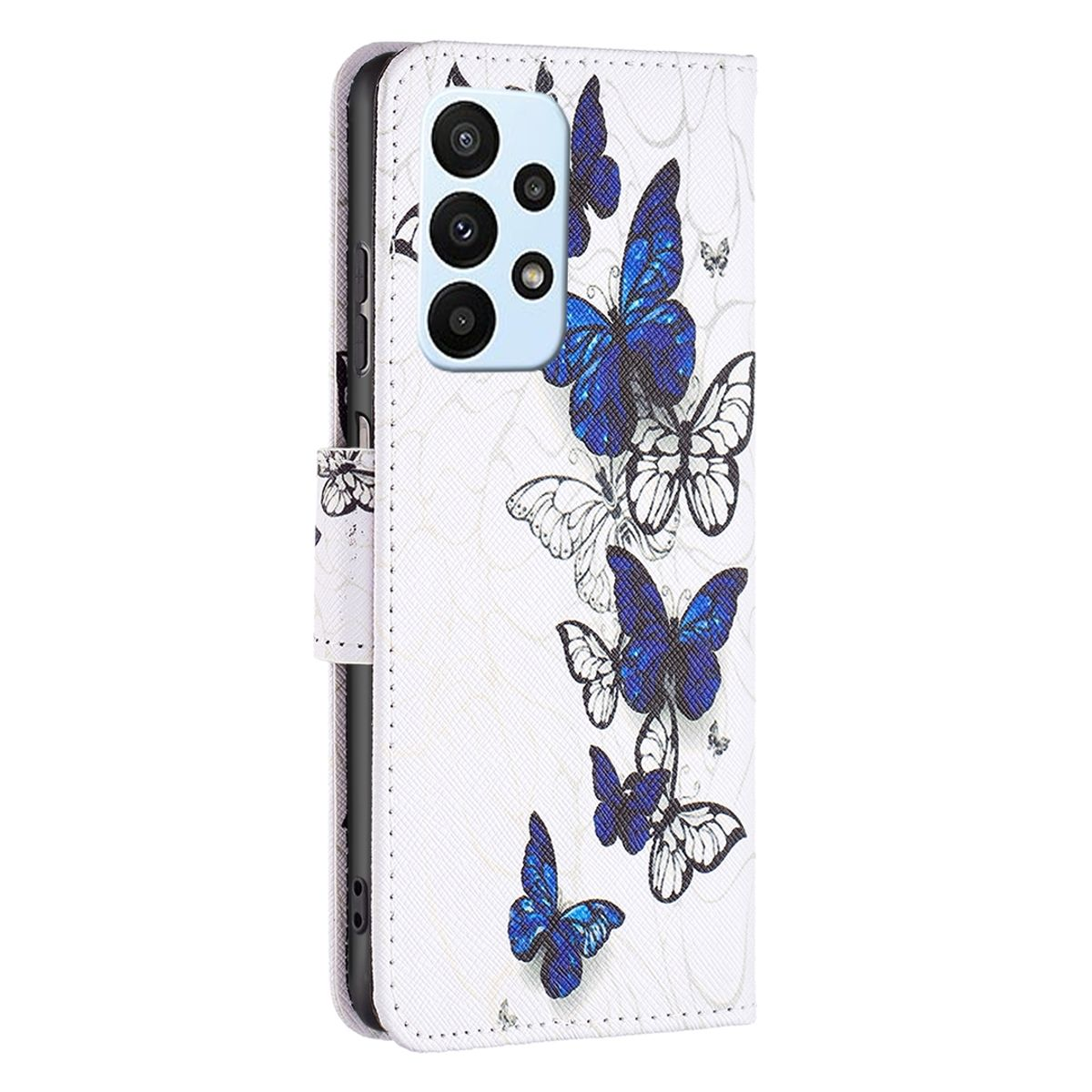 Weißes Handycase mit blauem Schmetterlingsdesign. Schmetterlinge sind auf der Hülle aufgedruckt.
